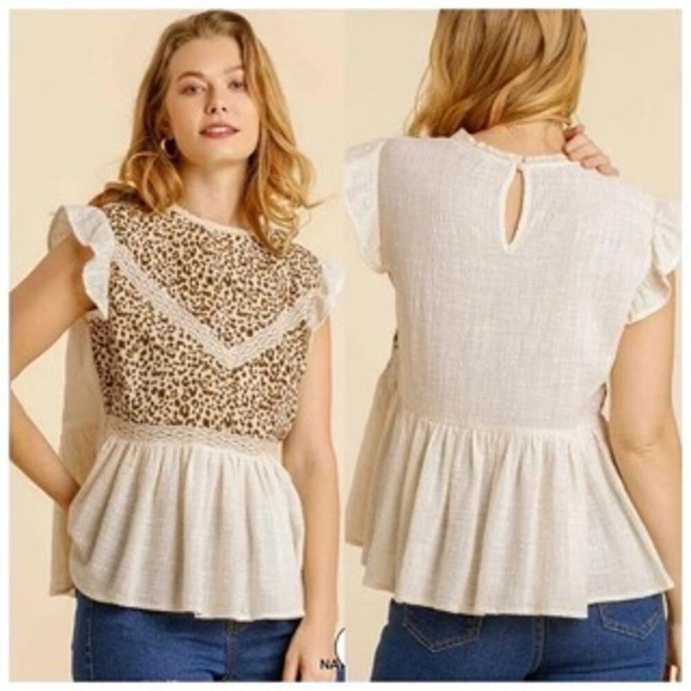 Umgee Womens Top Large Cotton Animal Print Gauzy Ruffle Hem Cottagecore Relaxed